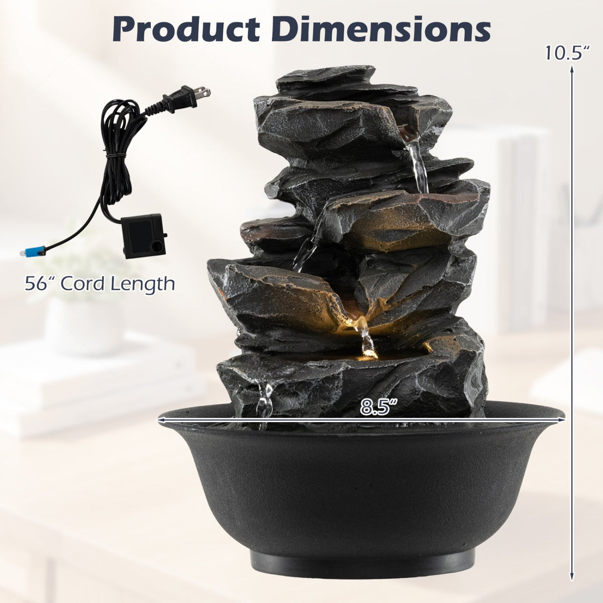 Tabletop Water Fountain with LED Light Indoor Desktop Cascading Water Feature