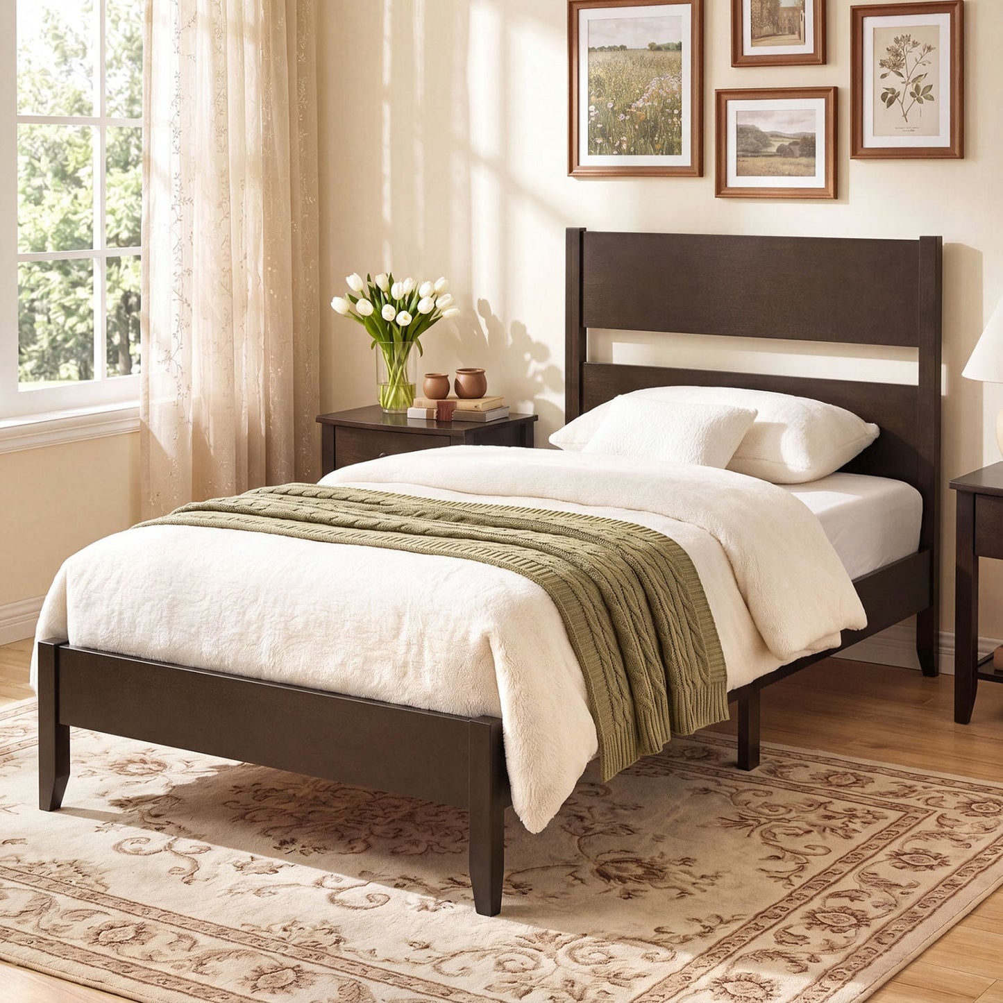 Twin Bed Frame with Headboard and Solid Wood Legs
