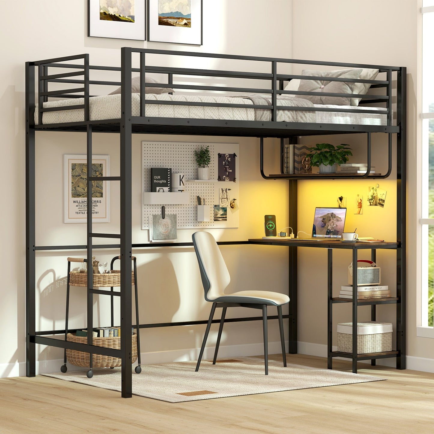 Twin Loft Bed with Desk LED Lights Charging Station Heavy-duty Metal Bed Frame with Guardrail