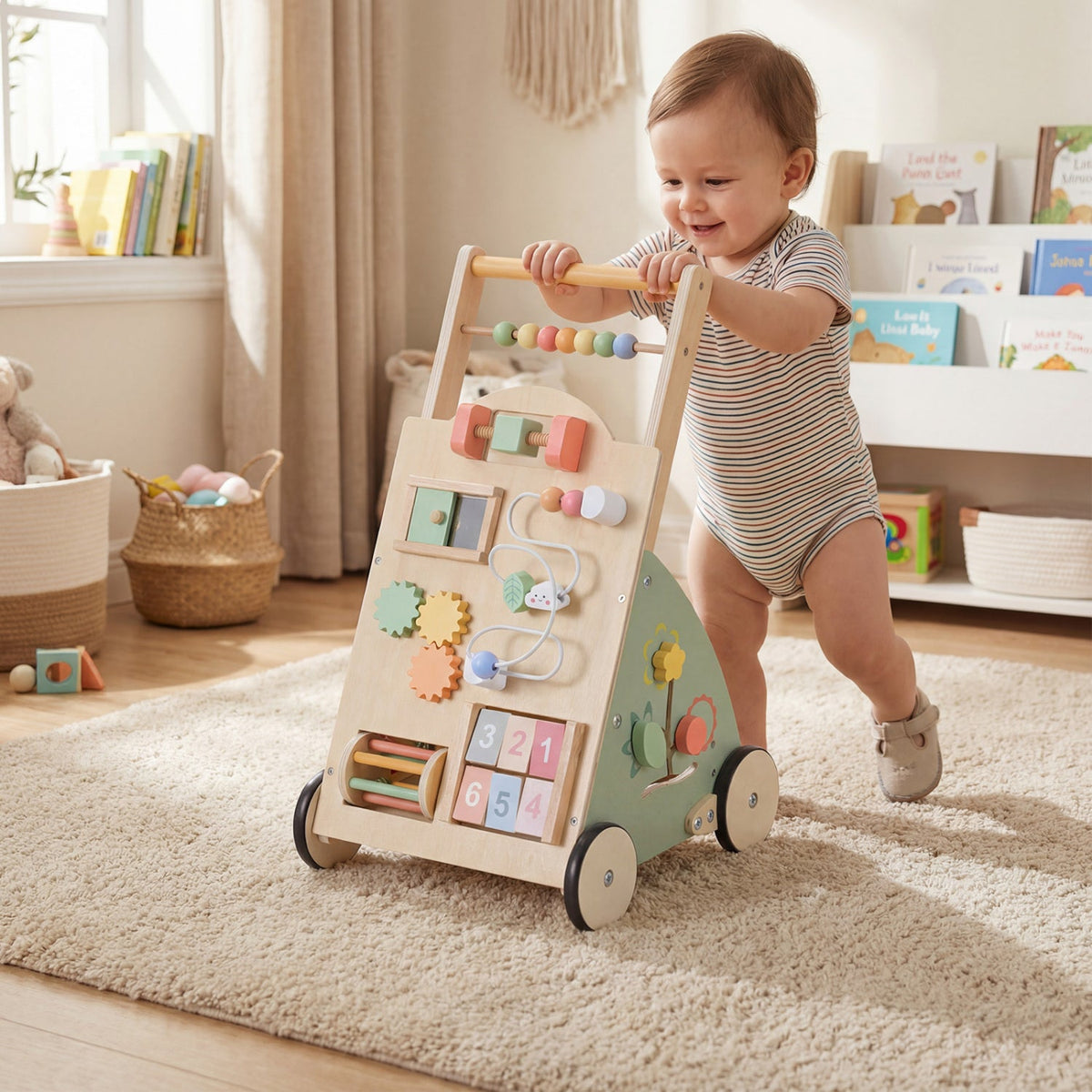 Wooden Baby Walker with Wheels and Storage Basket