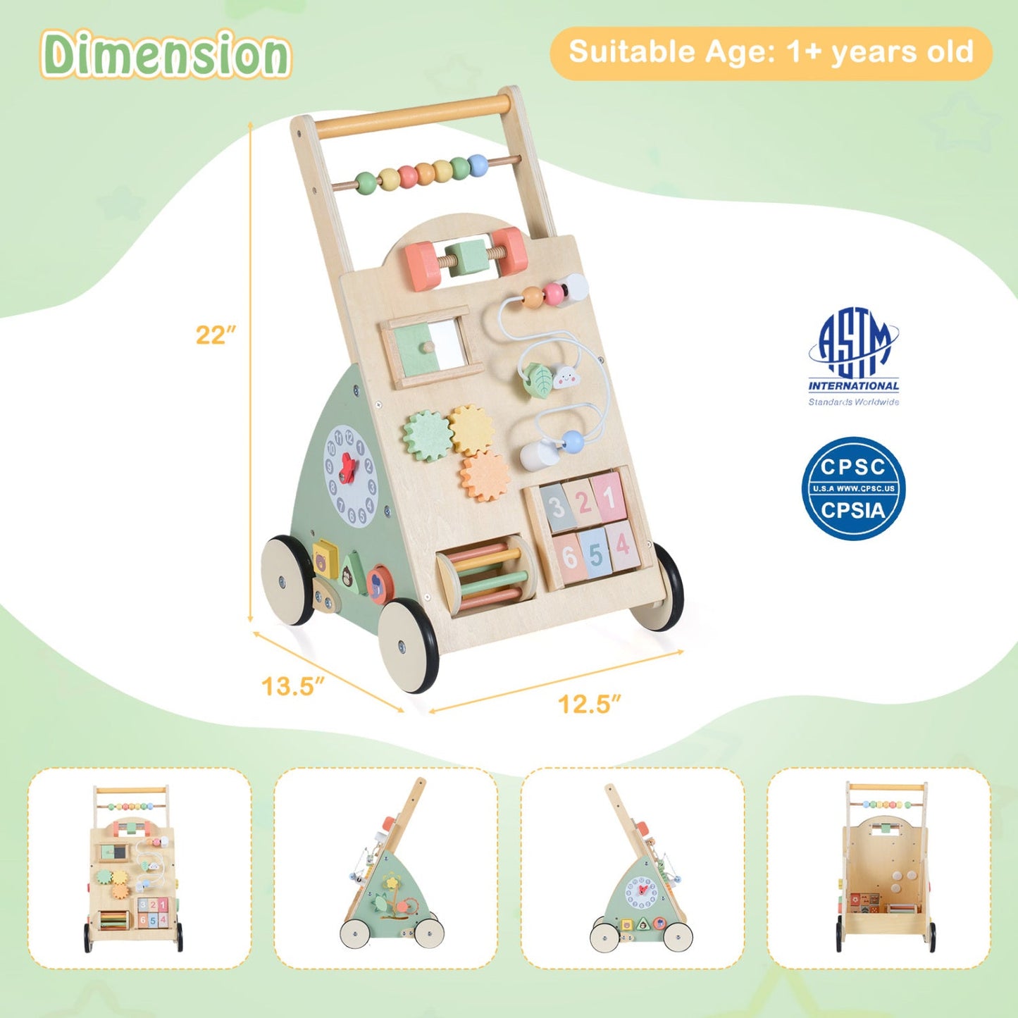 Wooden Baby Walker with Wheels and Storage Basket