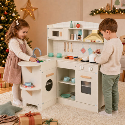 Wooden Play Kitchen Set with Lights & Sounds - White
