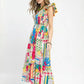 Umgee Abstract Print Smocked Ruffle Sleeve Tiered Midi Dress
