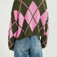 Argyle Pattern Knit Dropped Shoulder Sweater