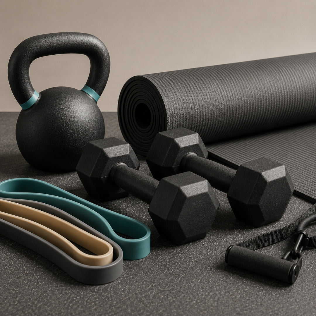 Black kettlebell, dumbbells, resistance bands, and a yoga mat on a dark surface.