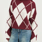 Argyle Pattern Knit Dropped Shoulder Sweater