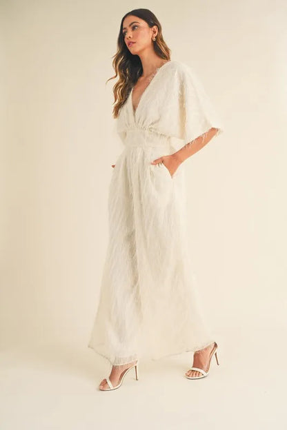MABLE Fluffy Deep V Neck Wide Leg Jumpsuit