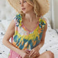 BiBi Circular Tie Dye Knit V Neck Top With Ruffle