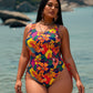 2026 New Plus Size One-Piece Swimsuit: Tropical Floral Print, Round Neck, Side Tie Ruched, Vibrant Beach Style