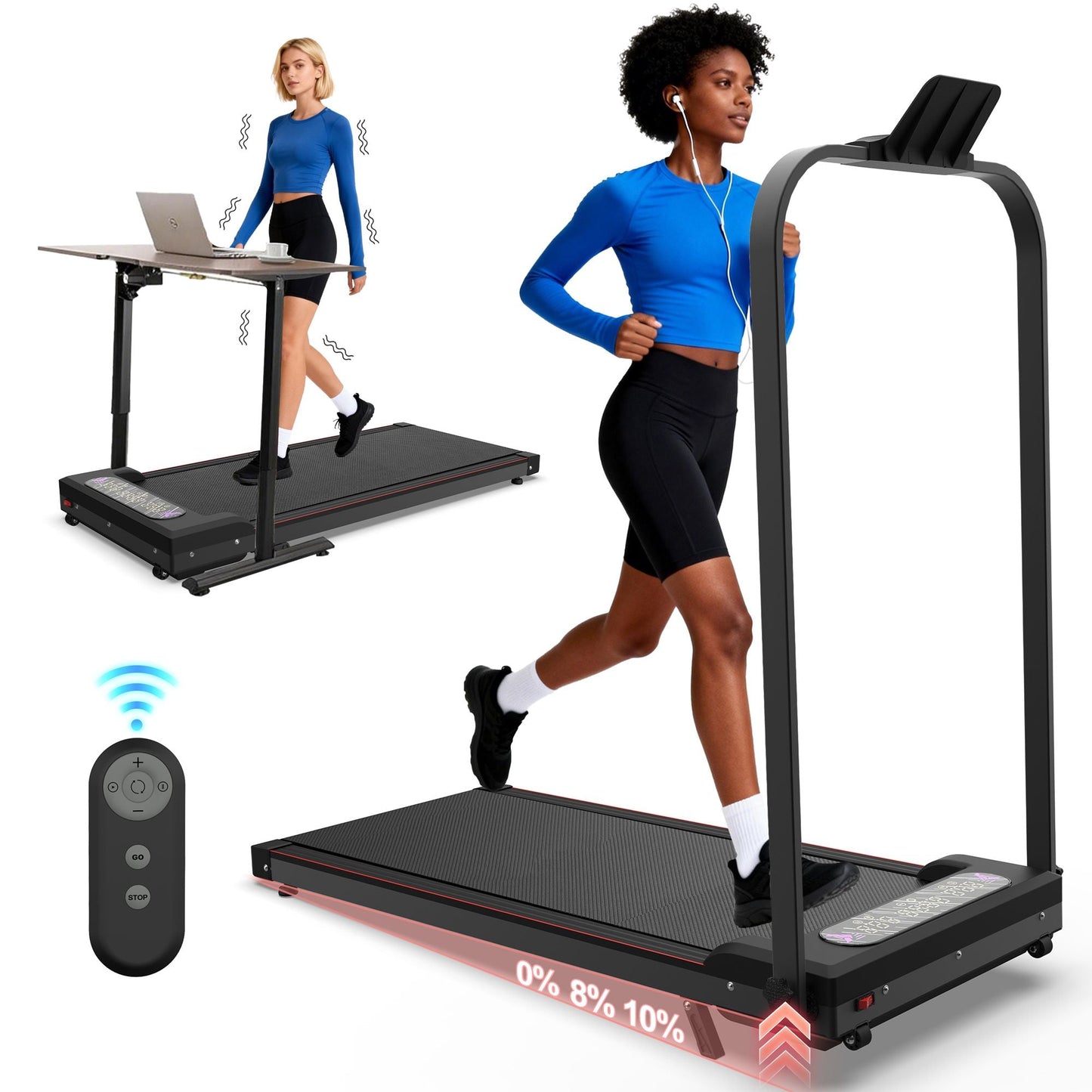 Foldable Treadmill with Handle Bar & Incline, 2 in 1 Upgrade Portable Under Desk Walking Pad and Vibration Pad with Remote Control for Home Office Small Spaces