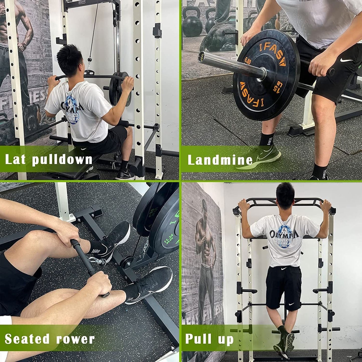 100lb Green Home Gym Set Multi-functional Power Cage, Home Adjustable Pullup Squat Rack 1000Lbs Capacity Comprehensive Fitness Barbell Rack