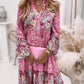 Floral Print Ruffle Hem Dress; Boho Holiday Long Sleeve V-neck Dress; Women's Clothing