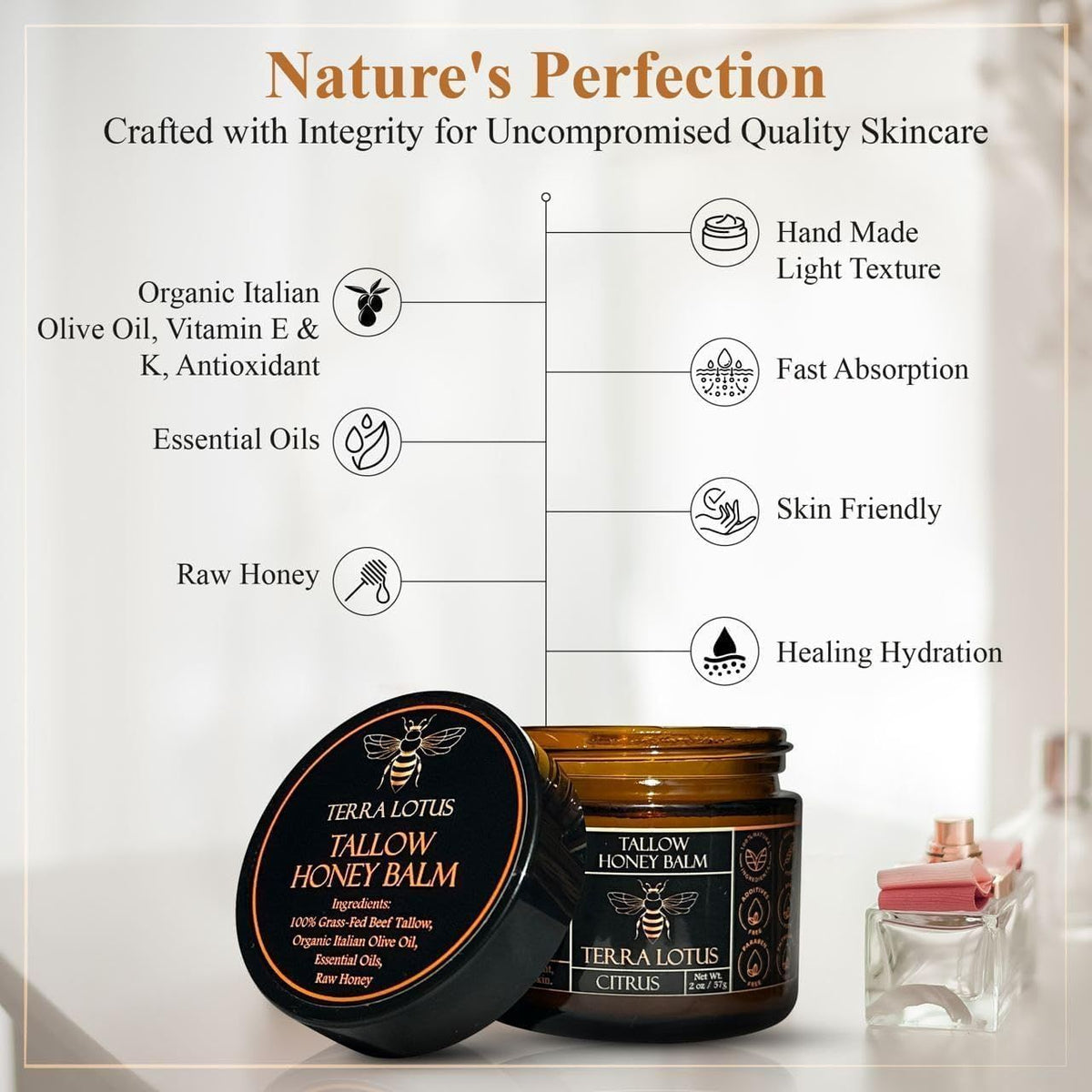 Organic Grass-Fed Beef Tallow Balm with Raw Honey - Moisturizing Cream for Soft, Smooth Skin - Handmade All-Natural Moisturizer (2 Oz, Citrus)