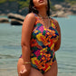 2026 New Plus Size One-Piece Swimsuit: Tropical Floral Print, Round Neck, Side Tie Ruched, Vibrant Beach Style