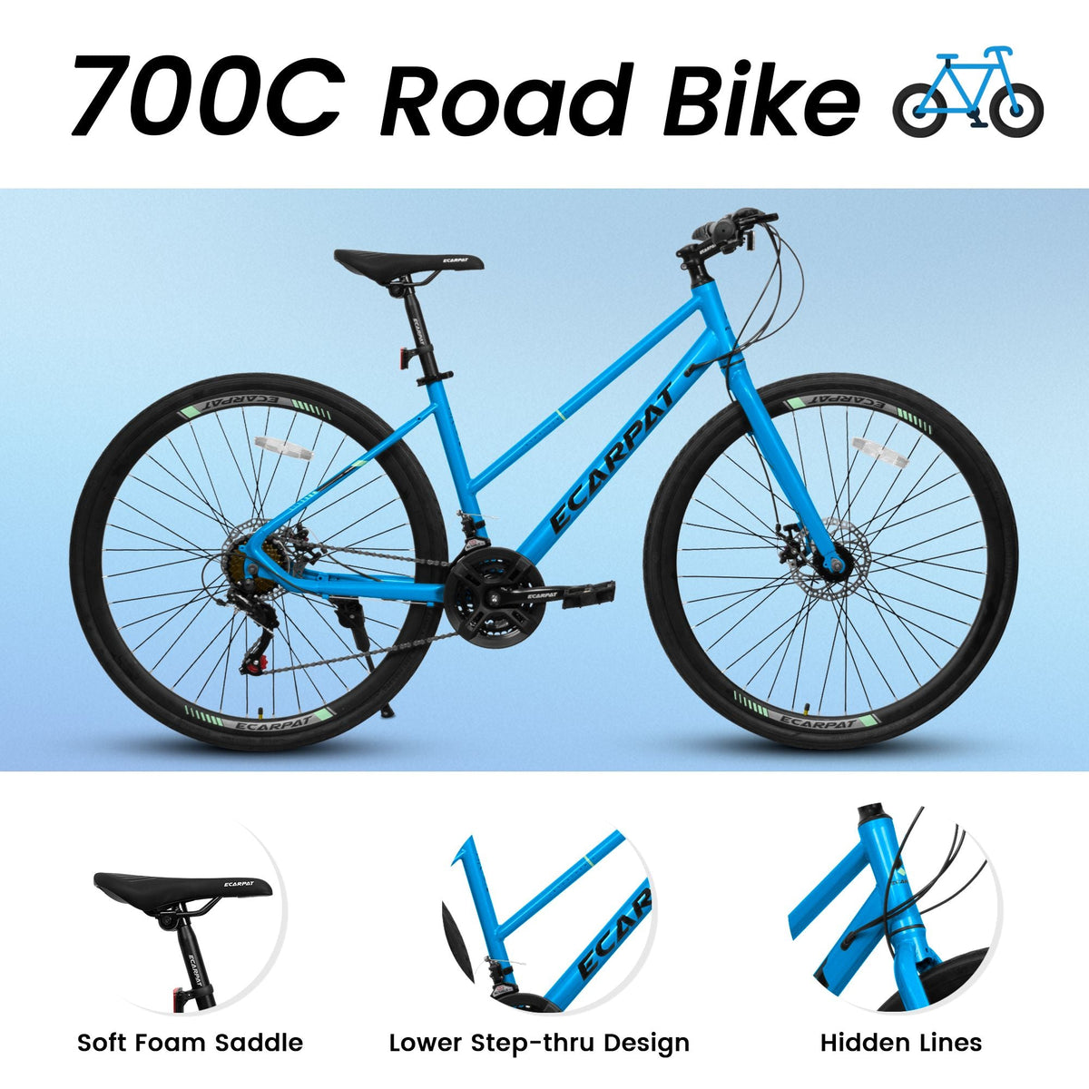 A28250 700C Road Hybrid Bike for Adult , 21-Speed Road Bike Road Bicycle Carbon Steel Frame/Dual-Disc Brakes/Multiple Colors