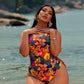 2026 New Plus Size One-Piece Swimsuit: Tropical Floral Print, Round Neck, Side Tie Ruched, Vibrant Beach Style