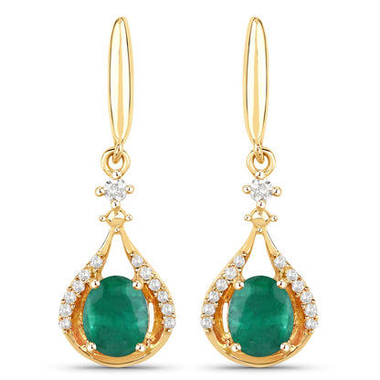 0.70 ct Genuine Zambian Emerald and White Diamond 14K Yellow Gold Earrings