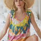 BiBi Circular Tie Dye Knit V Neck Top With Ruffle