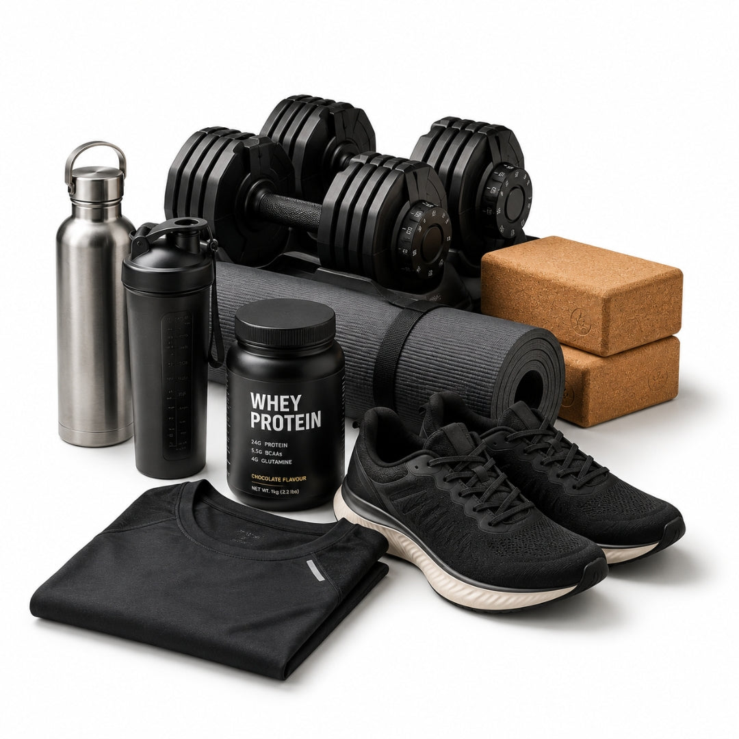 Collection of fitness items including dumbbells, protein powder, water bottle, and gym shoes on a white background.