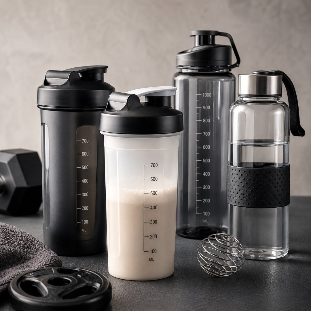 Set of fitness and kitchen containers including shakers and water bottles on a dark surface.