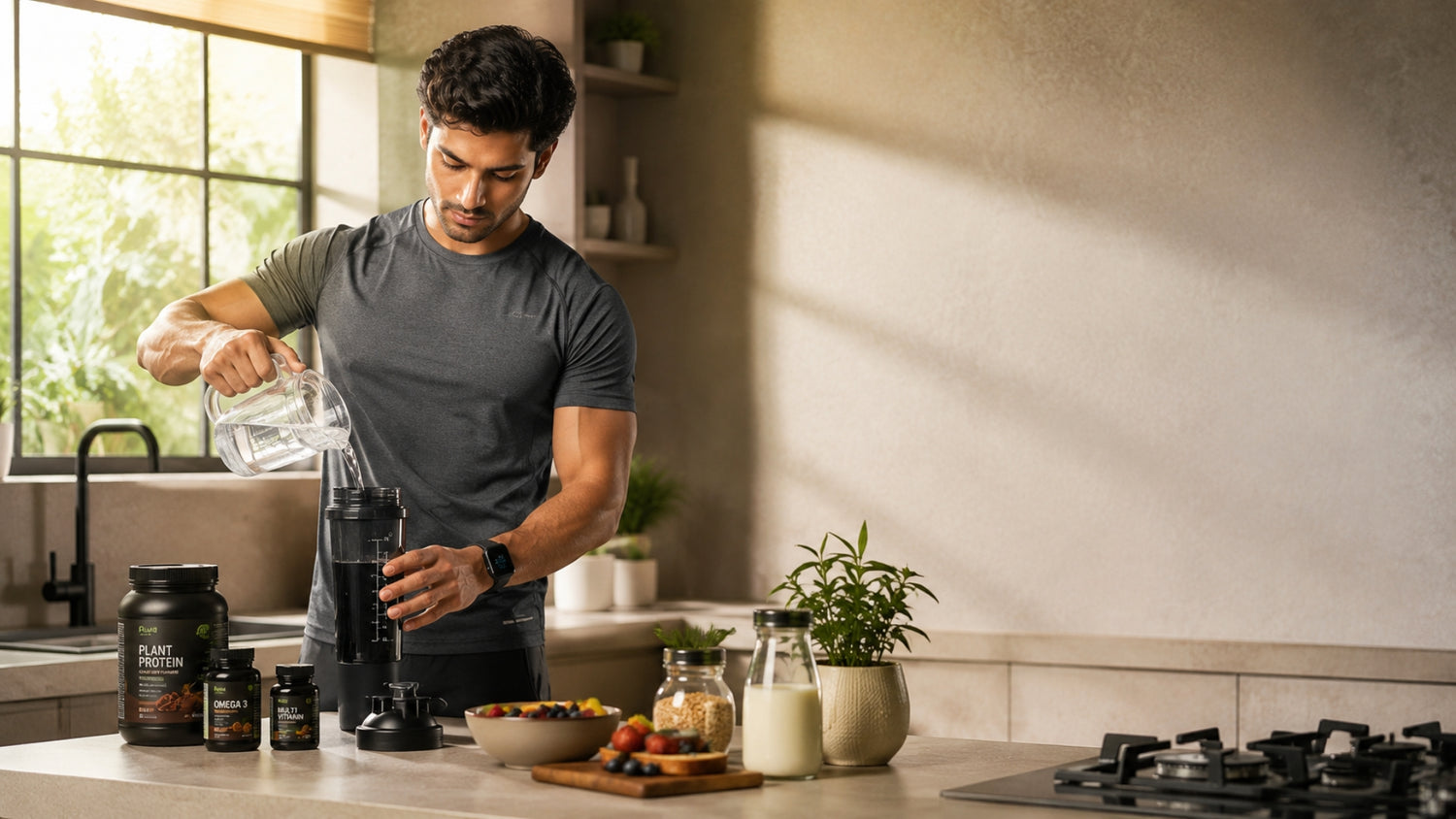 Man preparing a smoothie in a modern kitchen