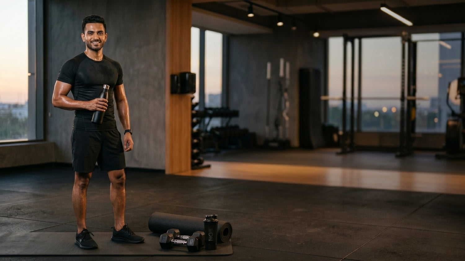 Man standing in a modern gym with exercise equipment