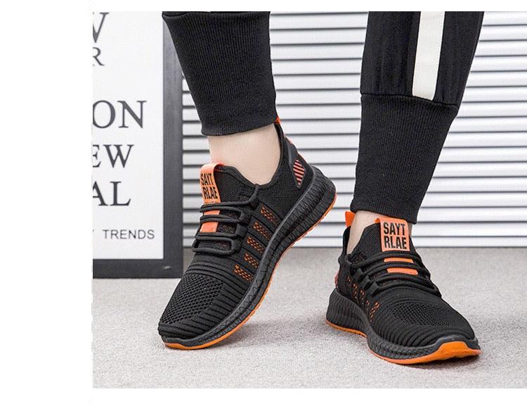 Men’s Mesh Running Sneakers – Lightweight Orange Sole Sport Shoes