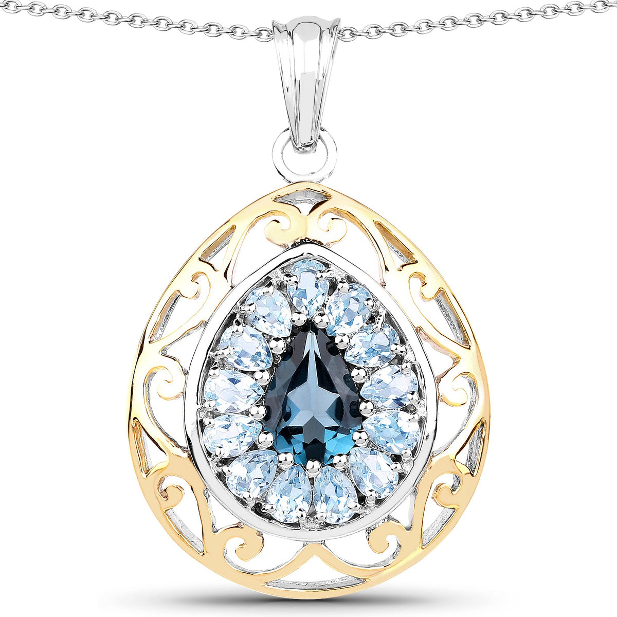 18K Yellow Gold Plate 4.44 Carat Genuine London Blue Topaz & Blue Topaz .925 Sterling Silver Pendant