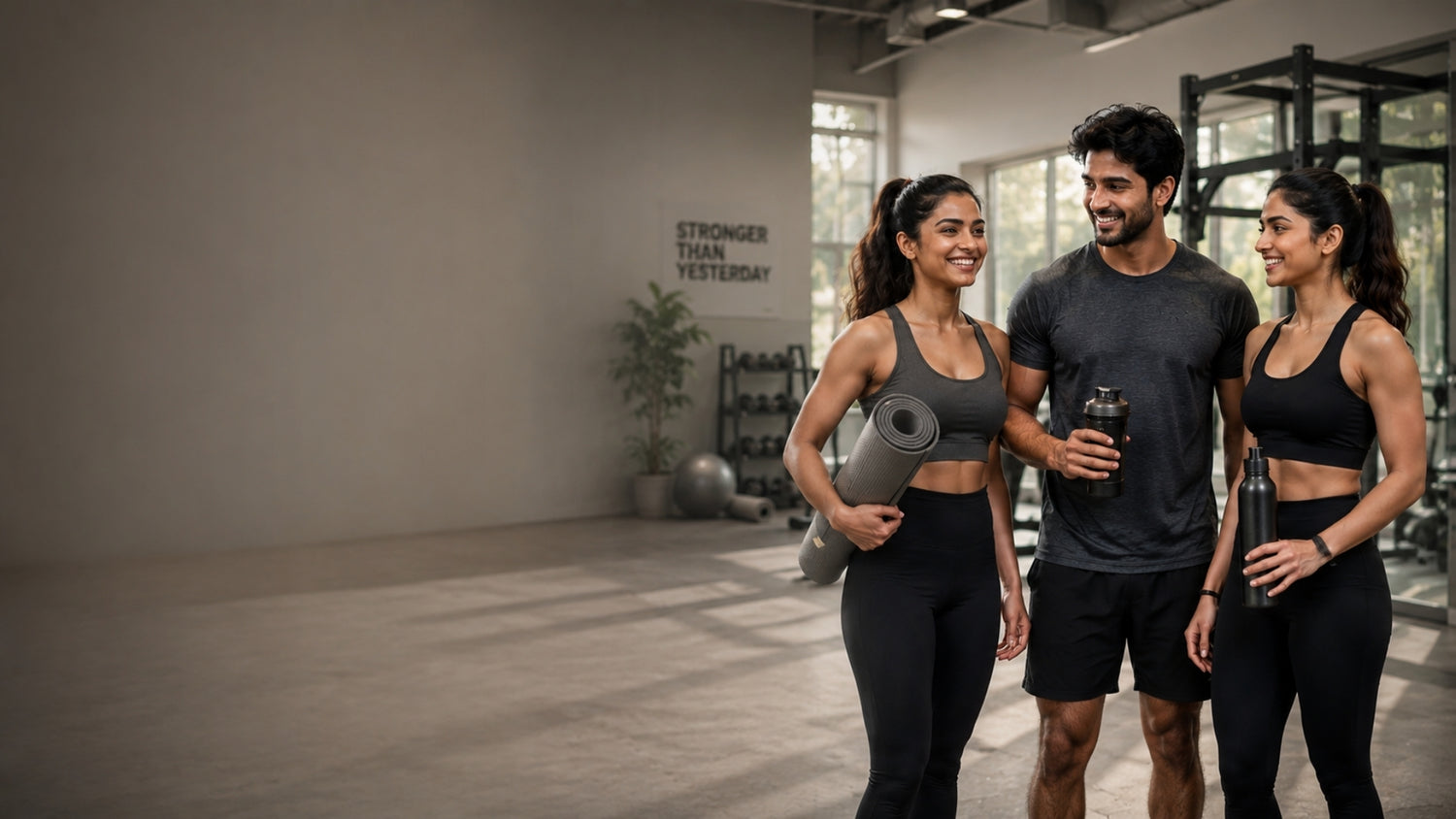 Three people in athletic wear standing together in a gym.