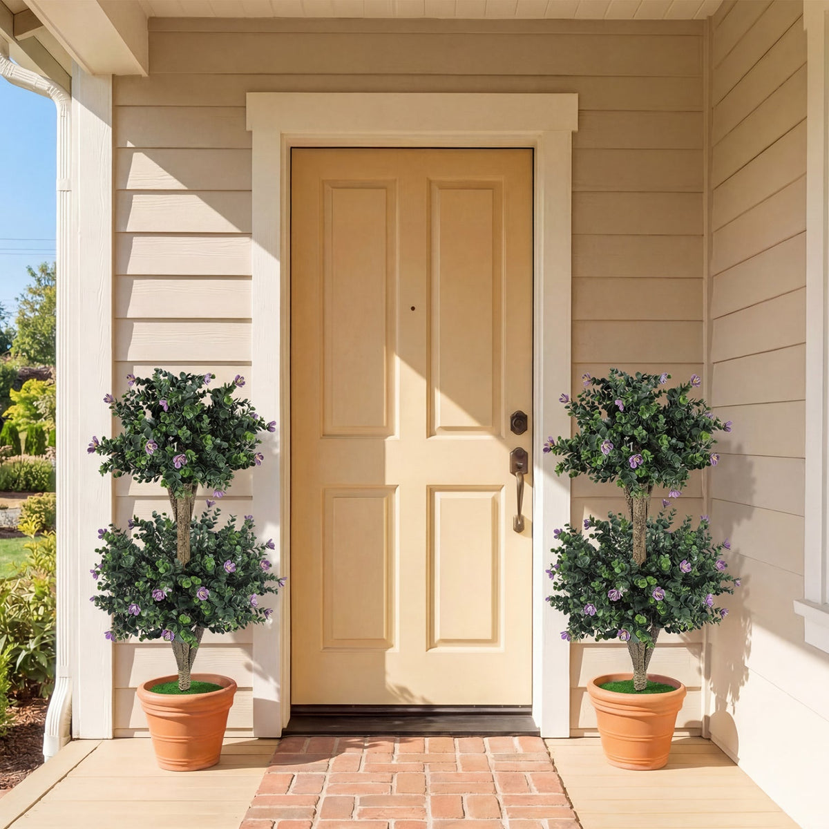 2 Pack 36" Artificial Double Ball Boxwood Topiary Tree with 41 Blossoms