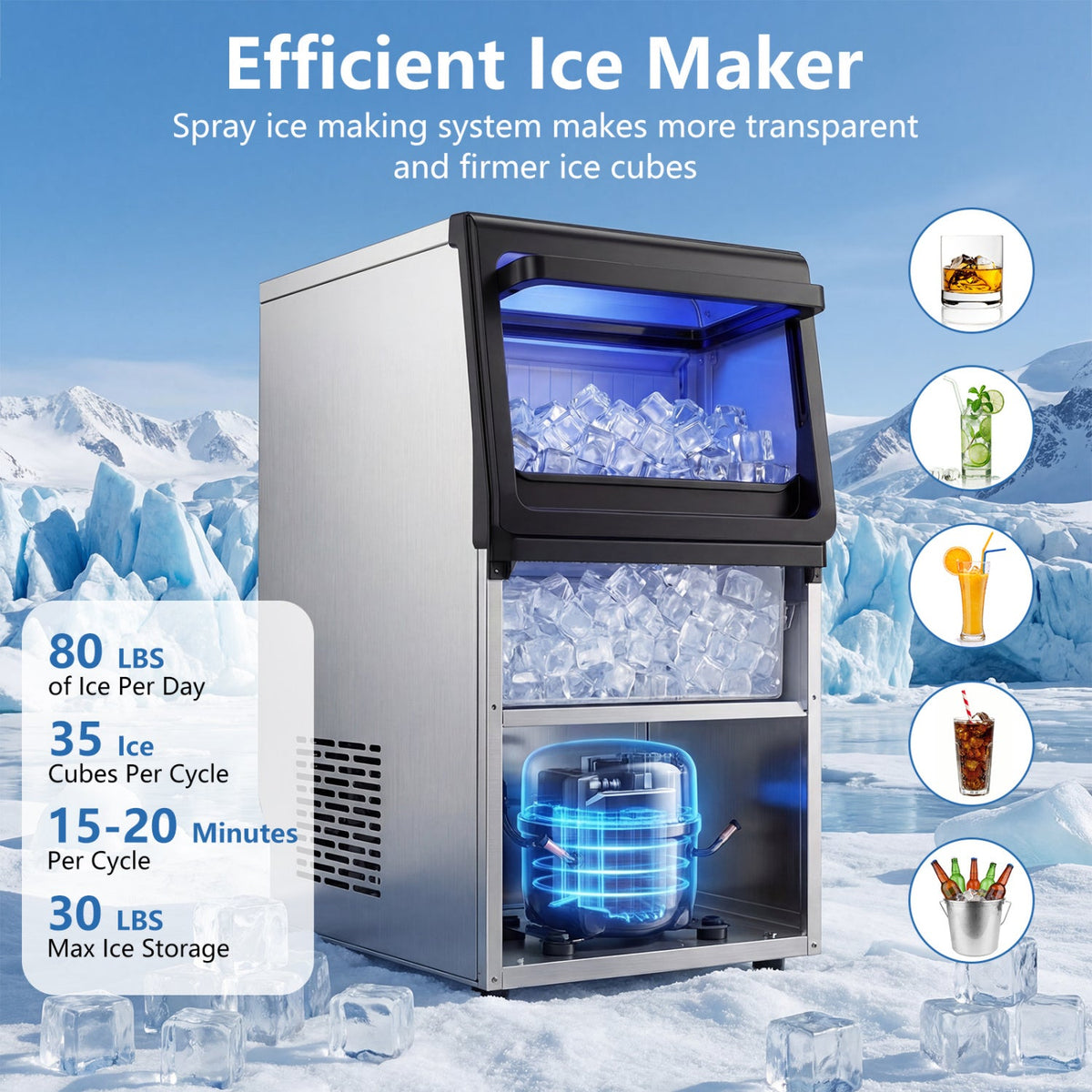 Stainless Steel Spray Ice Maker 80 Lbs Per Day with Clear Hard Ice Machine