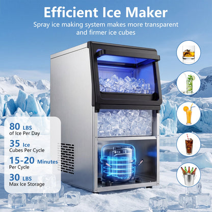Stainless Steel Spray Ice Maker 80 Lbs Per Day with Clear Hard Ice Machine