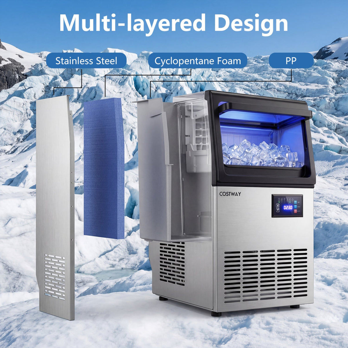 Stainless Steel Spray Ice Maker 80 Lbs Per Day with Clear Hard Ice Machine