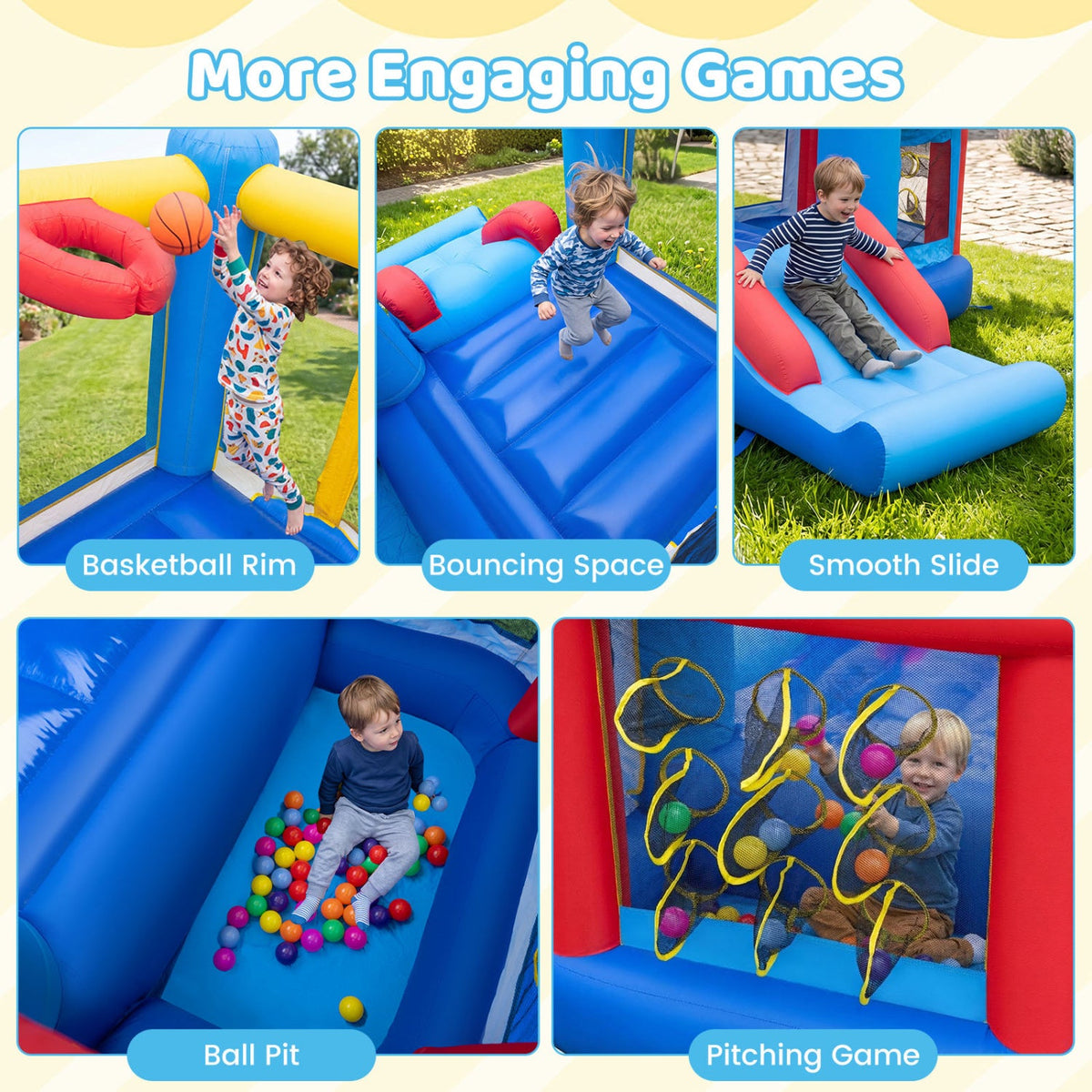 Inflatable Bounce House with Slide, Ball Pit & Basketball Hoop