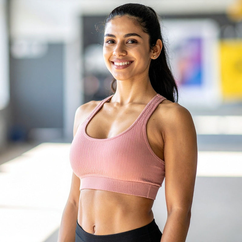 Woman wearing a pink sports bra and black leggings in a gym setting