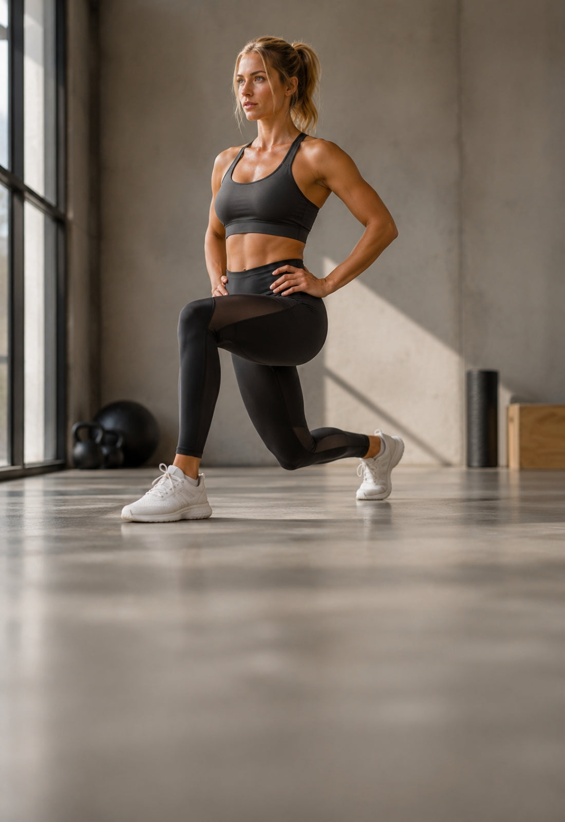 Woman in athletic wear tying her shoes in a locker room.